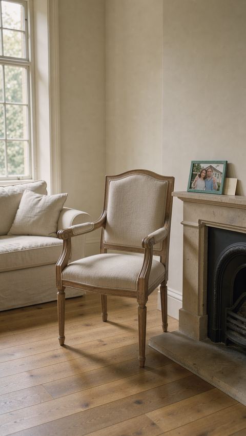 A quiet living room in morning light, an empty armchair beside the fireplace and a framed first-home photo on the mantel.